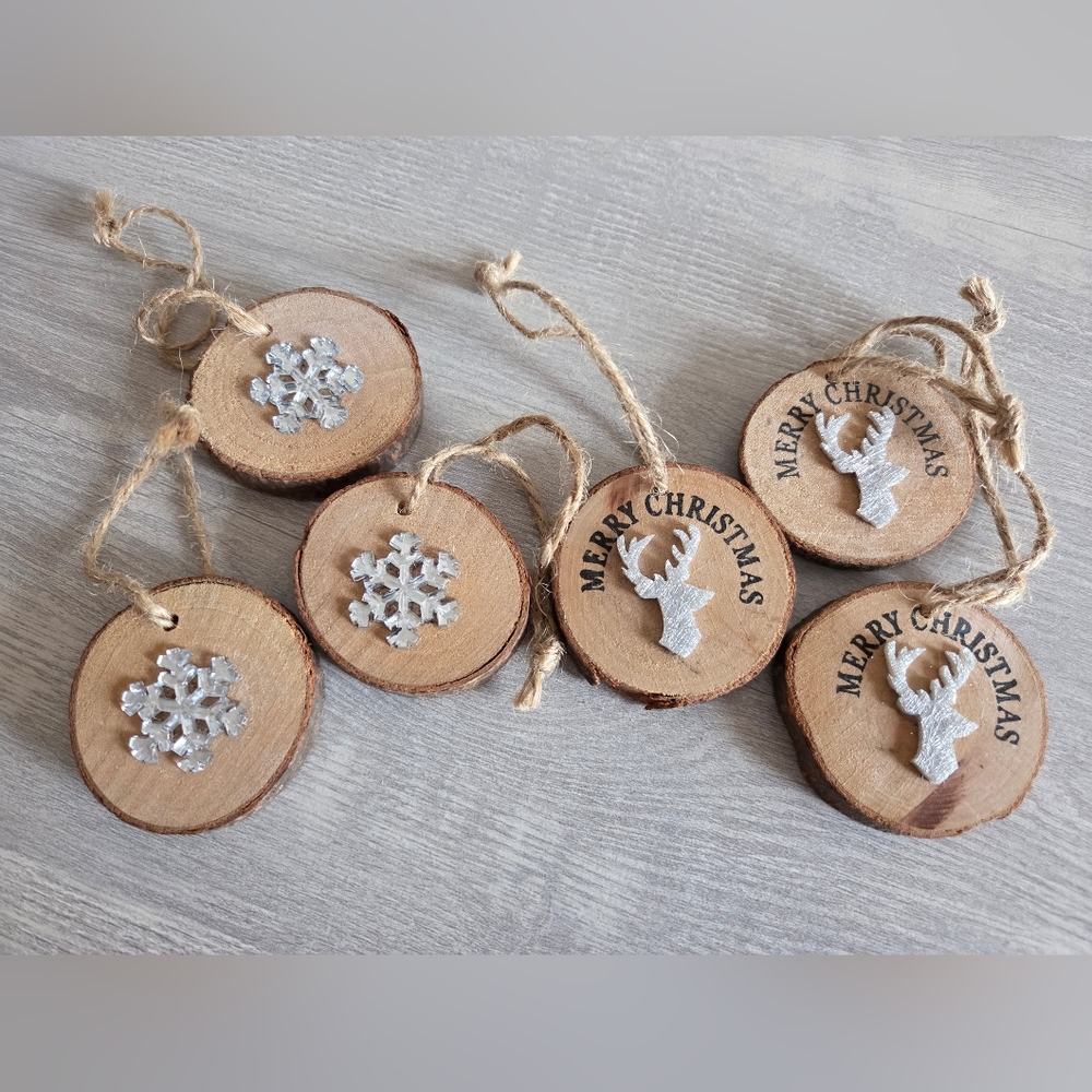 Homemade Rustic Wooden Christmas Ornaments with Silver Accents (Set Of 6)